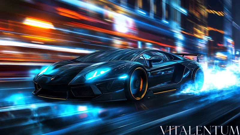 Hyper-real neon supercar accelerates through futuristic city streets