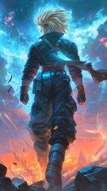 Backlit cyber warrior strides through explosive sky rift