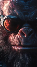 Cinematic cyberpunk ape portrait with reflective goggles close-up.