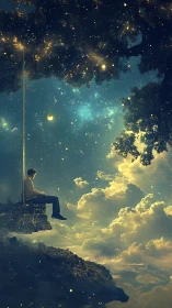 Solitary boy on suspended rock swing under luminous night sky