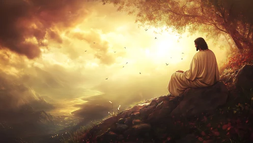 Solitary robed figure contemplates radiant valley sunrise