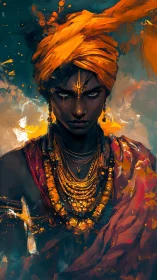 Storm-eyed oracle in molten gold and ember-wrapped cloth.