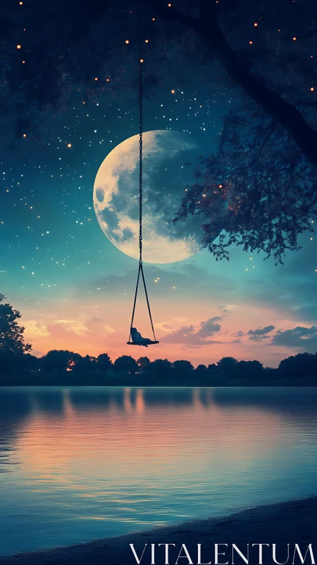 Silhouette on suspended swing before large moon over lake.