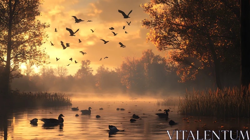 Dawn-lit waterfowl sketch melodies across a misty autumn lake