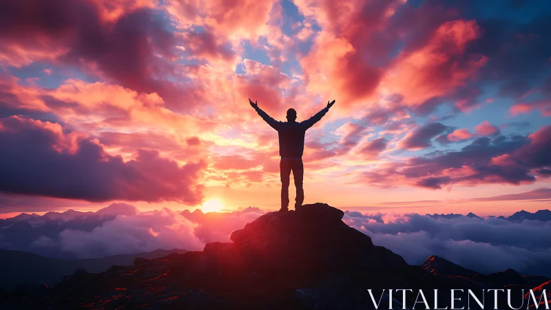 Silhouette on mountain peak under vivid sunset sky.