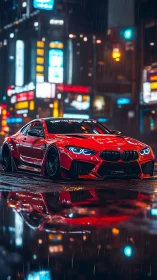 Modified red sports coupe on wet neon city street at night.
