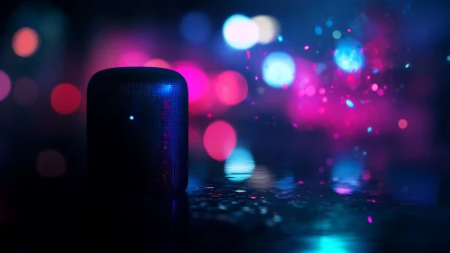 Smart speaker stands on reflective surface with neon bokeh