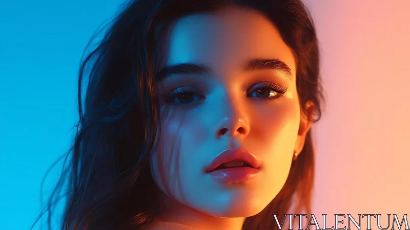 Portrait under neon blue and coral split lighting glow.