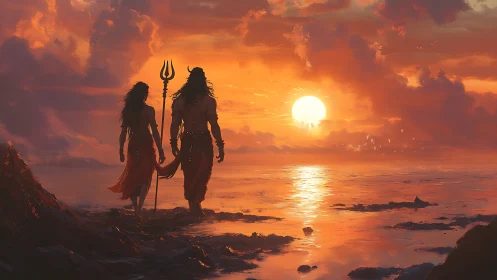 Sunset deities stride across a glowing ocean horizon.