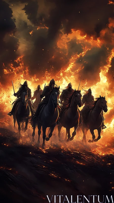 Armored riders charging forward through raging inferno.