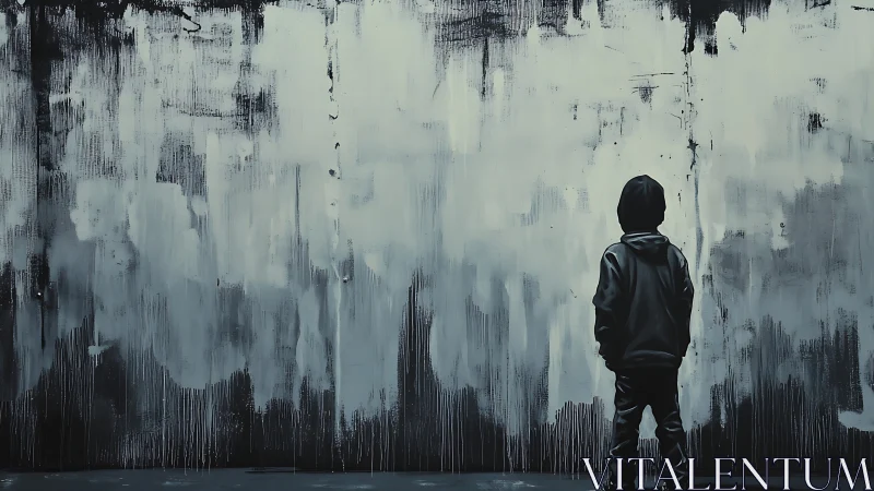 Hooded child facing large abstract monochrome wall painting.