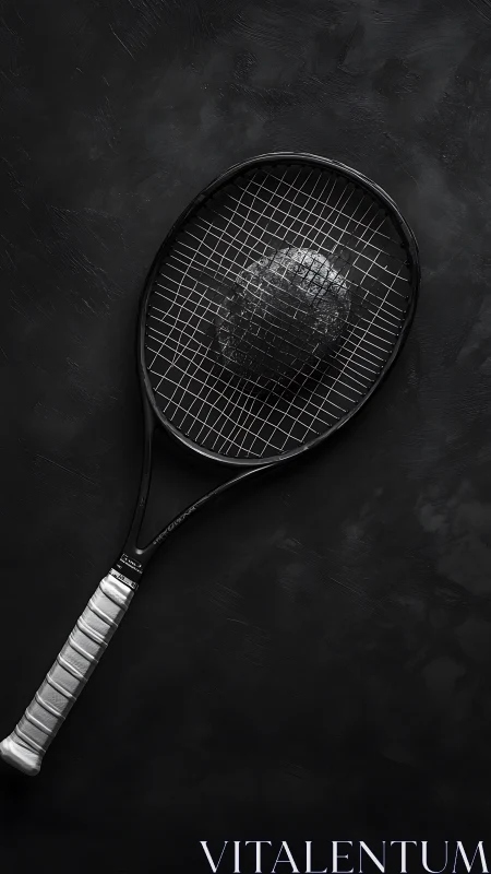 Black tennis racket on dark textured surface lies diagonally