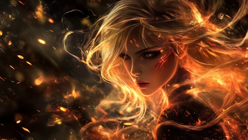 Fiery blonde warrior portrait surrounded by swirling embers.