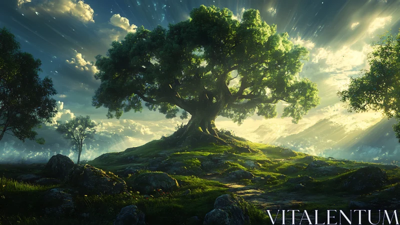 Luminous arboreal colossus on irradiated verdant hillside.