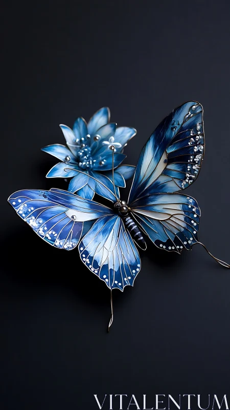 Shimmering blue butterfly and flower crafted like fine jewelry.