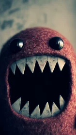 Macro portrait of felt monster toy with sharp triangular teeth