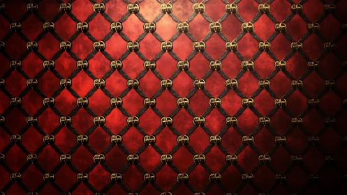 Red quilted surface with black straps and gold buckles pattern.