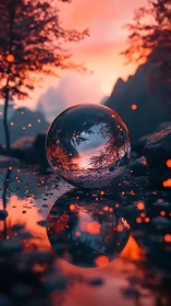 Crystal dusk sphere quietly bends a flaming forest sky