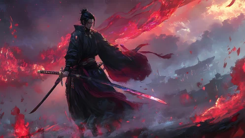 Solitary swordsman stands amid red atmospheric fire and ruins