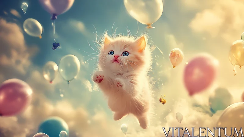 Celestial Kitten Ascending Through Pastel Dreamscape Balloons
