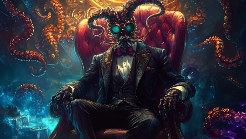 Eldritch gentleman in crimson armchair dominates neon abyss