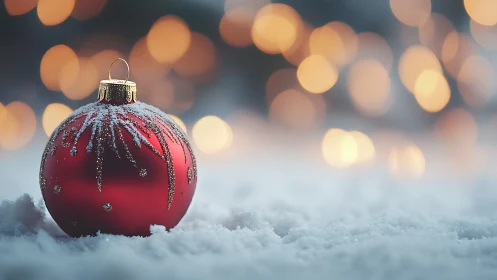 Crimson ornament resting softly in snowlit holiday glow.