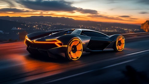 Futuristic concept supercar with neon wheels at sunset.
