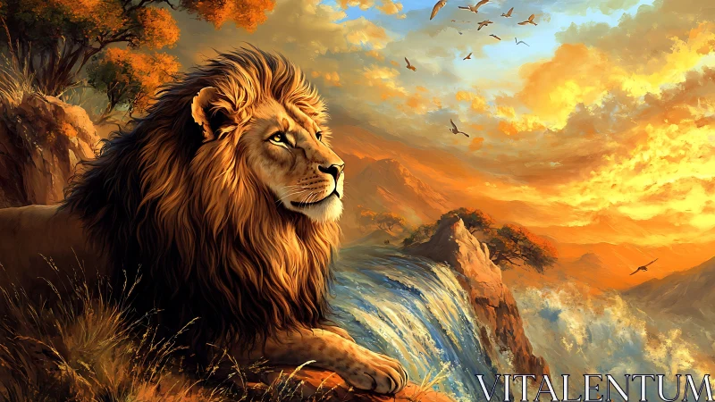 Sunset sovereign lion guarding a roaring skyfall horizon.