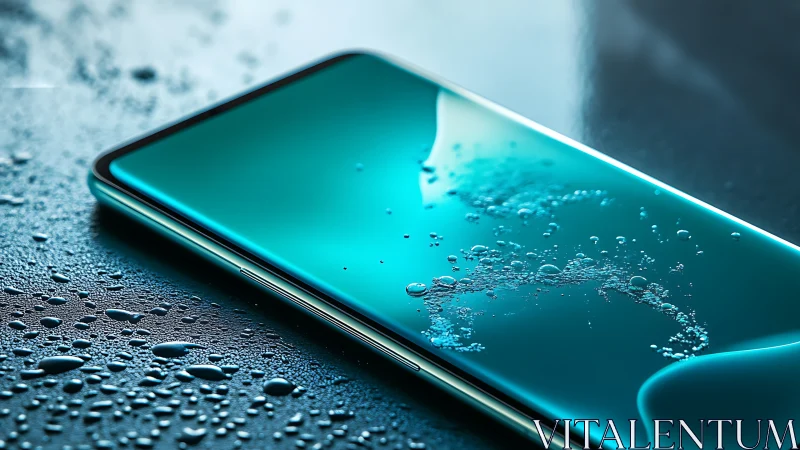 Sleek teal smartphone dances with water droplets in focus.