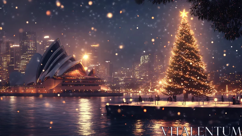 Photorealistic harbor Christmas skyline with illuminated tree.