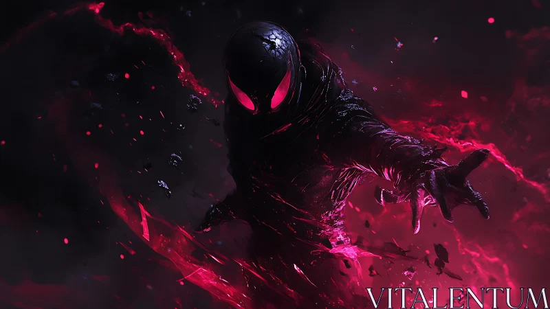 Shadowy cosmic hero reaching through glowing crimson storm.