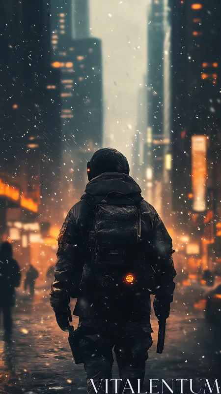 Armored operative in neon-lit snowstormed megacity corridor
