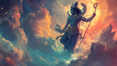 Celestial warrior strides through glowing clouds and cosmic light