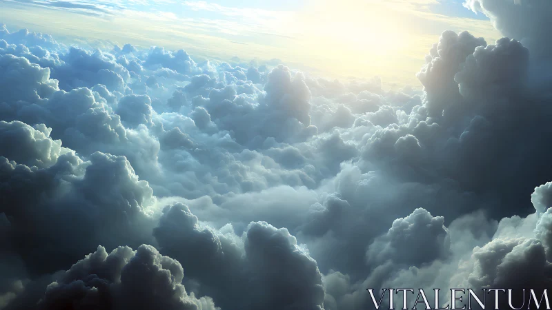 Dense volumetric cloudscape under high altitude sunlight.