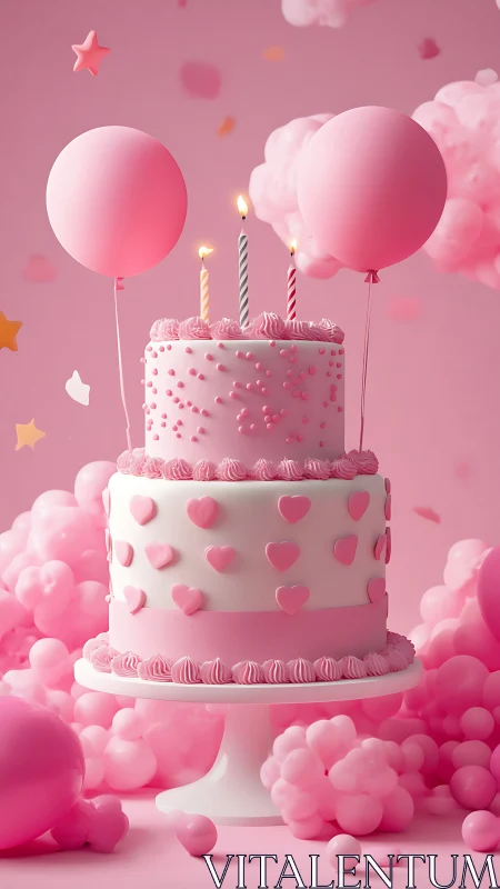 Three-Tiered Pink Birthday Cake with Floating Balloons.