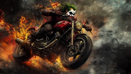 Chaotic clown biker blasting through firestorm streets.