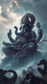 Stormlit elephant deity floats above coiling shadow serpents