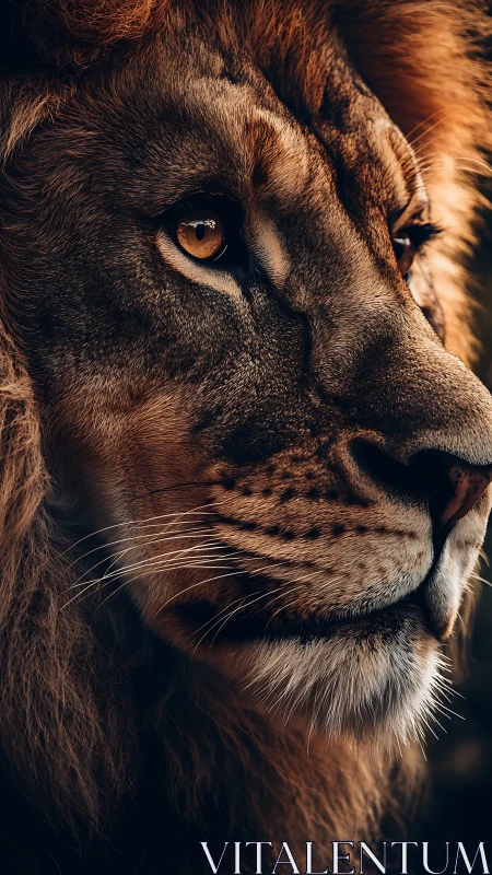 Telephoto lion portrait with shallow depth and raking light.