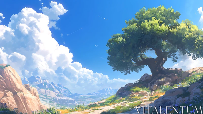 Solitary hillside tree overlooks distant sunlit valley