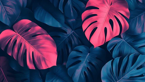 Monstera foliage pattern in cyan and magenta color scheme.