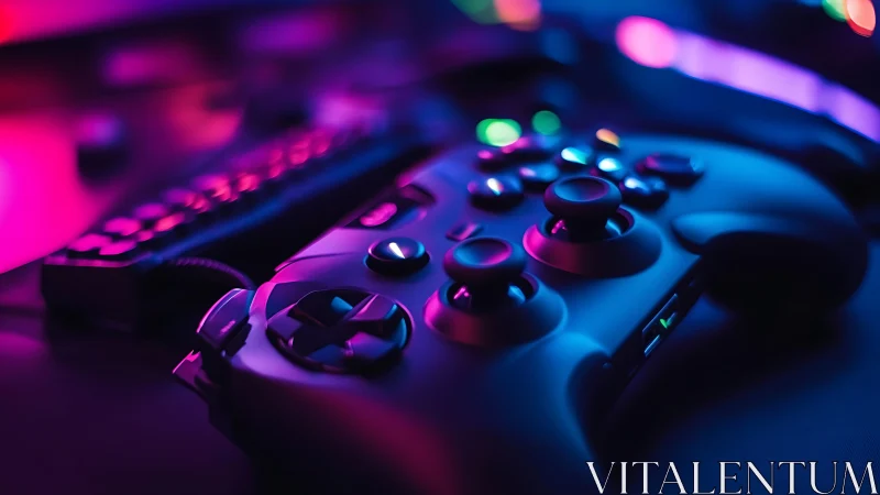 Gaming controller glows in neon cyberpunk studio light