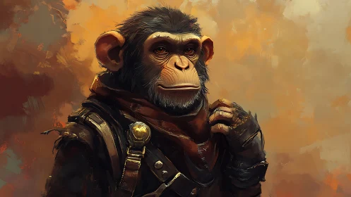 Adventurer chimp portrait in rugged leather armor.