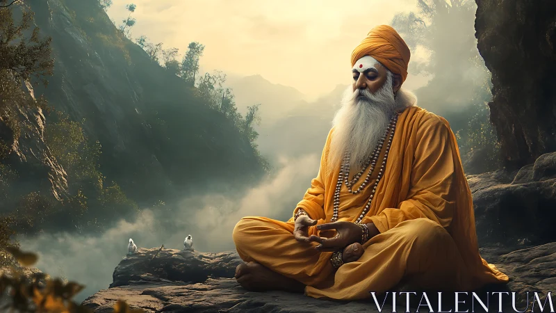 Mountain sage in golden robes meditating above misty gorge.