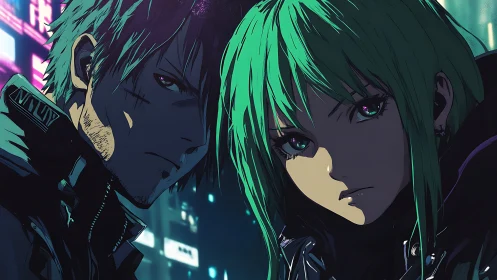 Cyberpunk duo stare down neon city threat at midnight