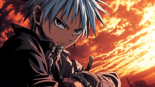 Silver-haired anime warrior under blazing sunset sky.