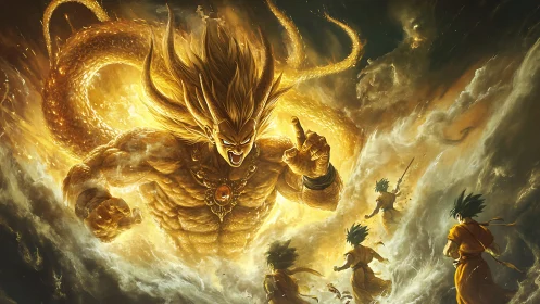 Golden energy titan confronting four smaller warriors.