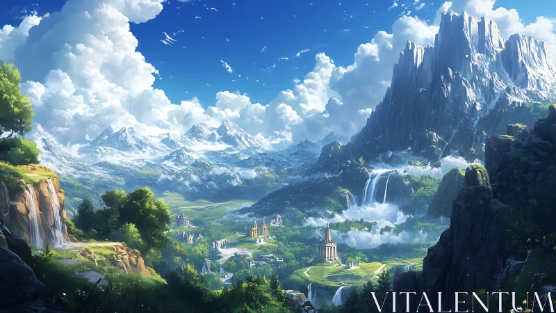 Fantasy valley with mountains, waterfalls and scattered temples