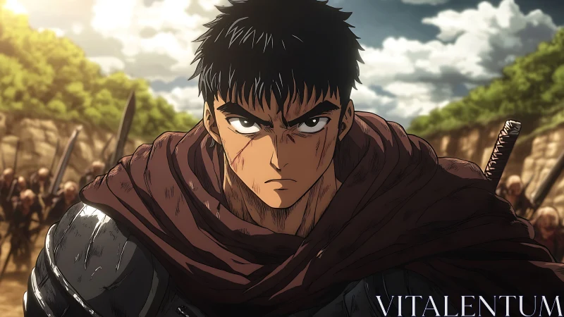 Battle-hardened anime swordsman leading armored warriors.