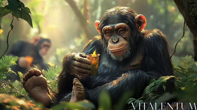 Jungle philosopher sips sunlight from a glowing tin mug