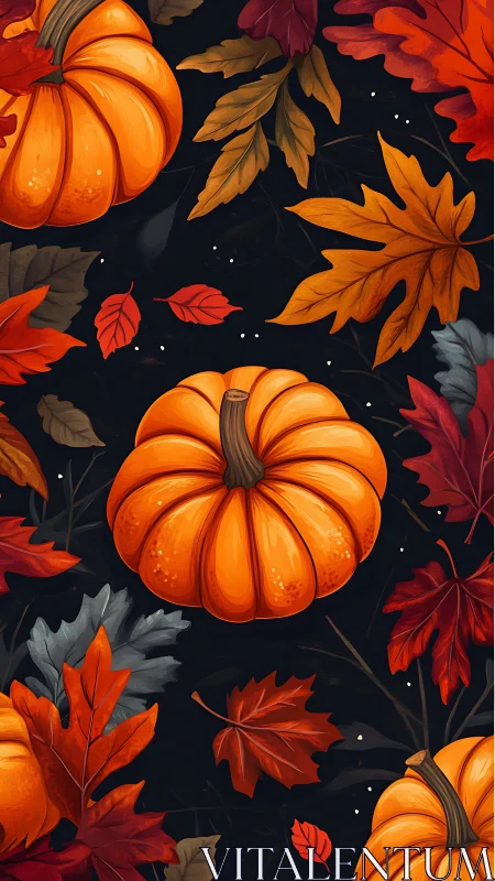 Pumpkins with autumn leaves on dark seasonal background.